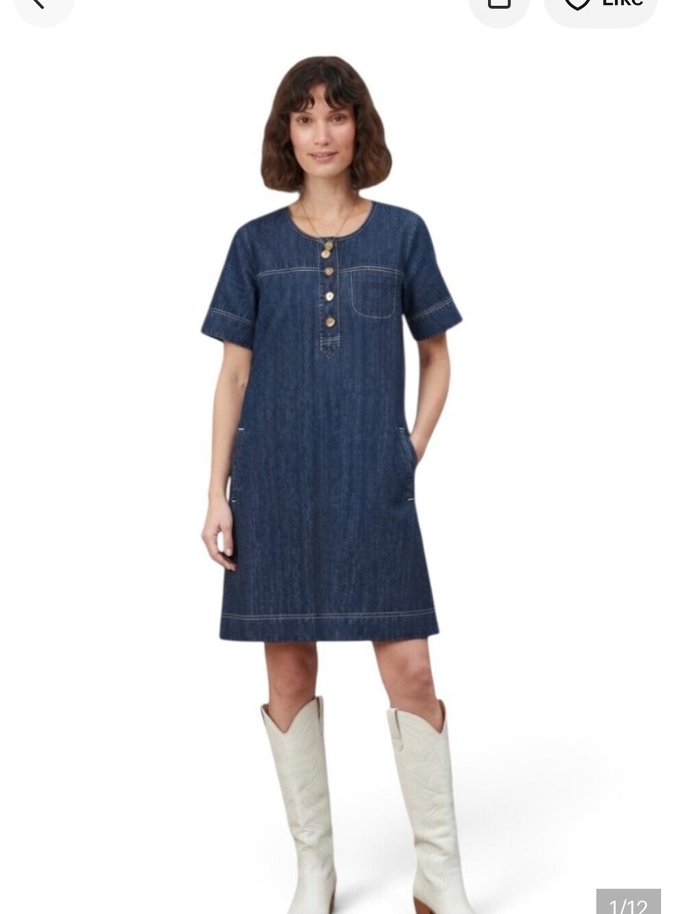 J.Jill Women's Dark Blue Denim Short-Sleeve Shift Dress